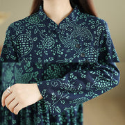 Buddha Stones Printed Floral Long Sleeve Stand Collar Cotton Maxi Dress With Pockets - image 8