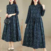 Buddha Stones Printed Floral Long Sleeve Stand Collar Cotton Maxi Dress With Pockets - image 0