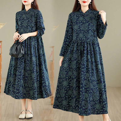 Buddha Stones Printed Floral Long Sleeve Stand Collar Cotton Maxi Dress With Pockets - image 0