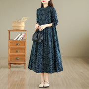 Buddha Stones Printed Floral Long Sleeve Stand Collar Cotton Maxi Dress With Pockets - MidnightBlue - US8-10，UK/AU12-14，EU40-42 (2XL) - image 1