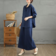 Buddha Stones 2pcs Solid Color Long Sleeve Buttons Shirt 7-8 Length Skirt Cotton Set With Pockets  - image 3