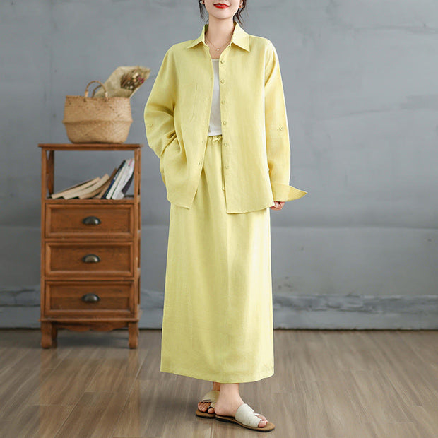 Buddha Stones 2pcs Solid Color Long Sleeve Buttons Shirt 7-8 Length Skirt Cotton Set With Pockets  - LightGoldenrodYellow - US8-10，UK/AU12-14，EU40-42 (2XL) - image 16