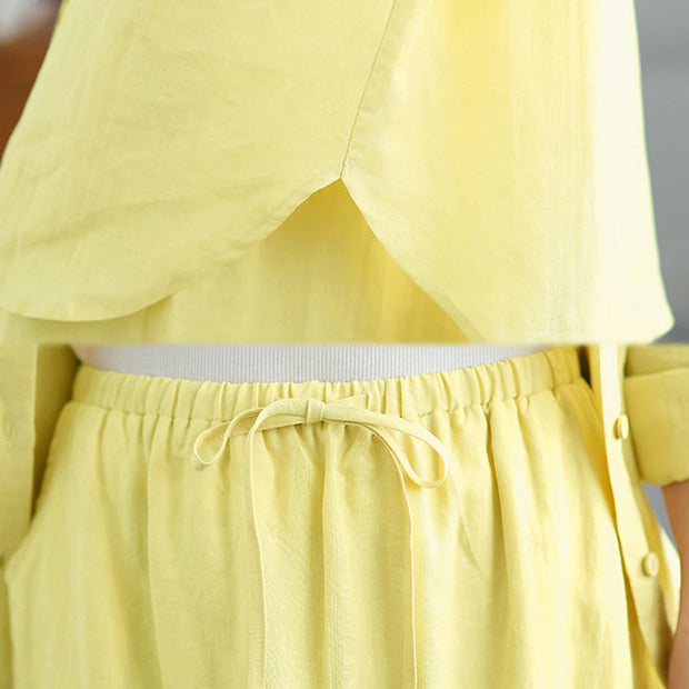 Buddha Stones 2pcs Solid Color Long Sleeve Buttons Shirt 7-8 Length Skirt Cotton Set With Pockets  - image 24