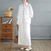 Buddha Stones 2pcs Solid Color Long Sleeve Buttons Shirt 7-8 Length Skirt Cotton Set With Pockets  - image 10