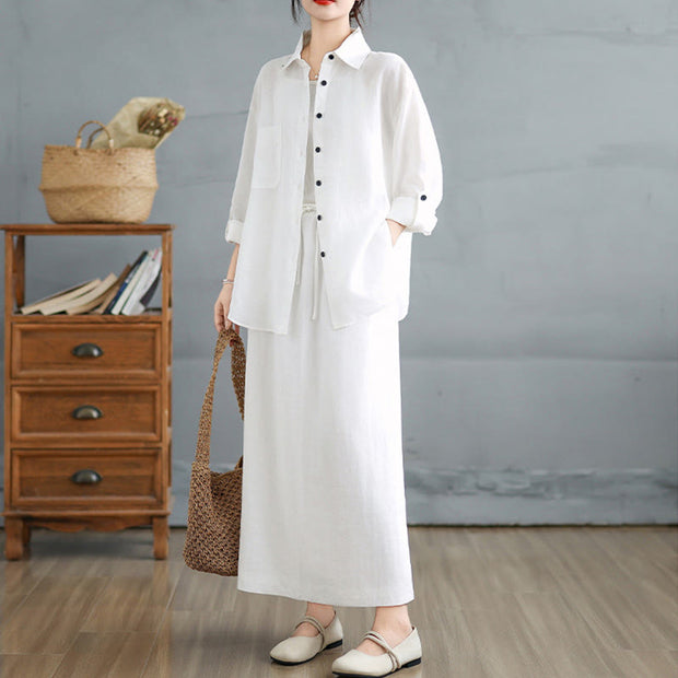 Buddha Stones 2pcs Solid Color Long Sleeve Buttons Shirt 7-8 Length Skirt Cotton Set With Pockets  - image 10