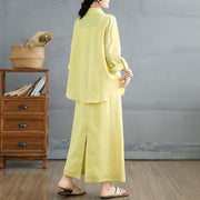 Buddha Stones 2pcs Solid Color Long Sleeve Buttons Shirt 7-8 Length Skirt Cotton Set With Pockets  - image 18