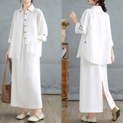 Buddha Stones 2pcs Solid Color Long Sleeve Buttons Shirt 7-8 Length Skirt Cotton Set With Pockets  - image 14