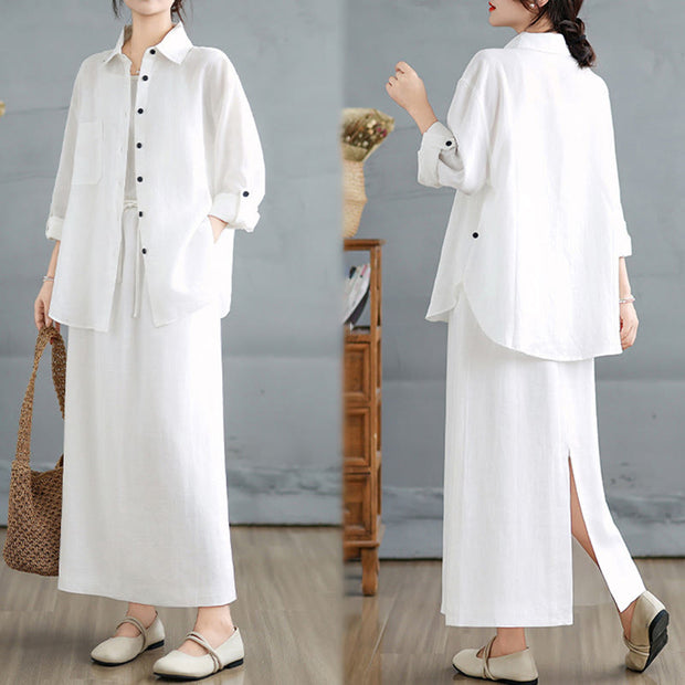 Buddha Stones 2pcs Solid Color Long Sleeve Buttons Shirt 7-8 Length Skirt Cotton Set With Pockets  - image 14