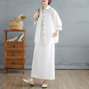 Buddha Stones 2pcs Solid Color Long Sleeve Buttons Shirt 7-8 Length Skirt Cotton Set With Pockets  - White - US8-10，UK/AU12-14，EU40-42 (2XL) - image 9