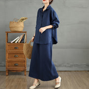 Buddha Stones 2pcs Solid Color Long Sleeve Buttons Shirt 7-8 Length Skirt Cotton Set With Pockets  - image 4