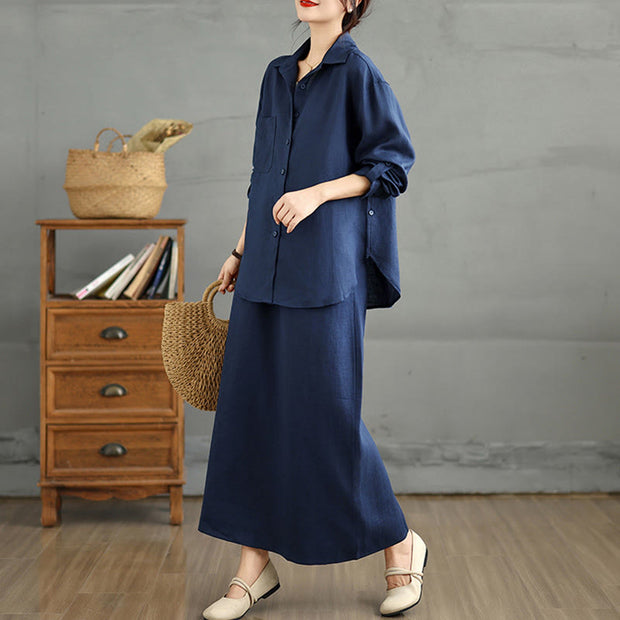 Buddha Stones 2pcs Solid Color Long Sleeve Buttons Shirt 7-8 Length Skirt Cotton Set With Pockets  - image 4