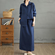 Buddha Stones 2pcs Solid Color Long Sleeve Buttons Shirt 7-8 Length Skirt Cotton Set With Pockets  - image 6