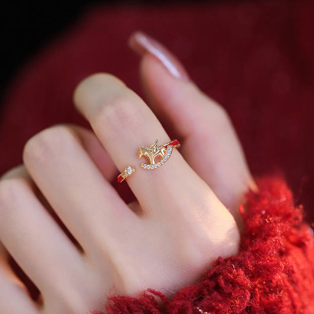 Buddha Stones Opening Copper Golden Year Of The Horse Luck Red String Ring - image 3