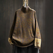 Buddha Stones Women's Knitted Floral Cotton Ribbed Hem Long Sleeve Mock Neck Sweater - Brown - US4-6，UK/AU8-19，EU36-38(F) - image 14