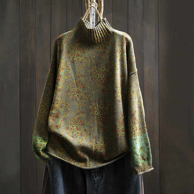 Buddha Stones Women's Knitted Floral Cotton Ribbed Hem Long Sleeve Mock Neck Sweater - OliveDrab - US4-6，UK/AU8-19，EU36-38(F) - image 20