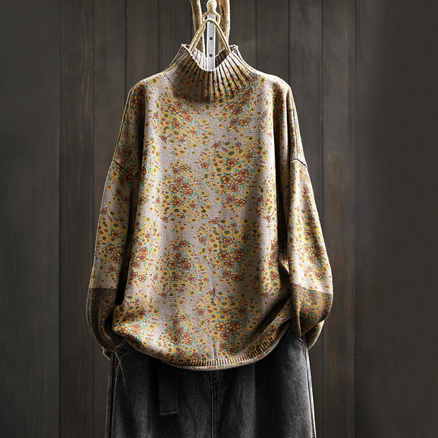 Buddha Stones Women's Knitted Floral Cotton Ribbed Hem Long Sleeve Mock Neck Sweater - RosyBrown - US4-6，UK/AU8-19，EU36-38(F) - image 16