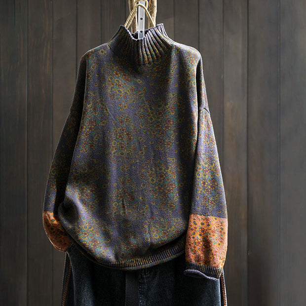 Buddha Stones Women's Knitted Floral Cotton Ribbed Hem Long Sleeve Mock Neck Sweater - Indigo - US4-6，UK/AU8-19，EU36-38(F) - image 18