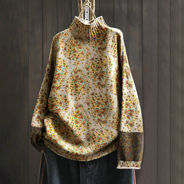 Buddha Stones Women's Knitted Floral Cotton Ribbed Hem Long Sleeve Mock Neck Sweater - PapayaWhip - US4-6，UK/AU8-19，EU36-38(F) - image 0