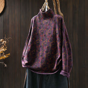 Buddha Stones Knitted Plant Pattern Long Sleeve Mock Neck Women's Cotton Sweater - DarkMagenta - US4-6，UK/AU8-19，EU36-38(F) - image 6