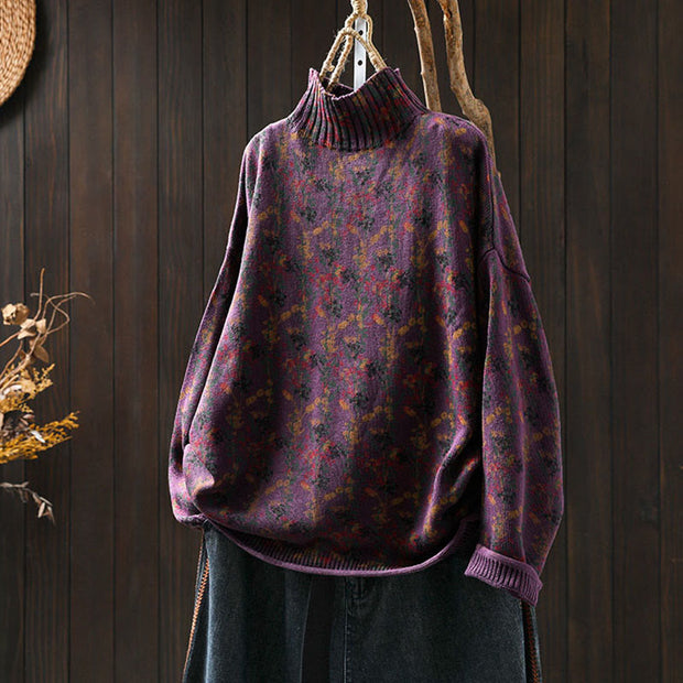 Buddha Stones Knitted Plant Pattern Long Sleeve Mock Neck Women's Cotton Sweater - DarkMagenta - US4-6，UK/AU8-19，EU36-38(F) - image 6