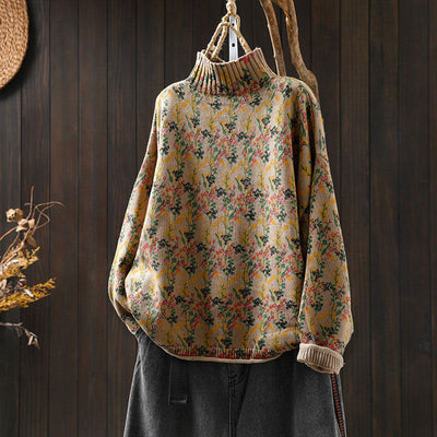 Buddha Stones Knitted Plant Pattern Long Sleeve Mock Neck Women's Cotton Sweater - BurlyWood - US4-6，UK/AU8-19，EU36-38(F) - image 0