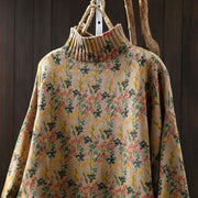 Buddha Stones Knitted Plant Pattern Long Sleeve Mock Neck Women's Cotton Sweater - image 1