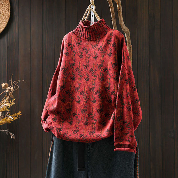 Buddha Stones Knitted Plant Pattern Long Sleeve Mock Neck Women's Cotton Sweater - Red - US4-6，UK/AU8-19，EU36-38(F) - image 20