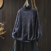 Buddha Stones Knitted Plant Pattern Long Sleeve Mock Neck Women's Cotton Sweater - DarkSlateBlue - US4-6，UK/AU8-19，EU36-38(F) - image 18