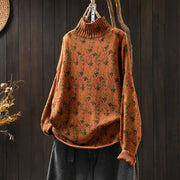 Buddha Stones Knitted Plant Pattern Long Sleeve Mock Neck Women's Cotton Sweater - DarkOrange - US4-6，UK/AU8-19，EU36-38(F) - image 2