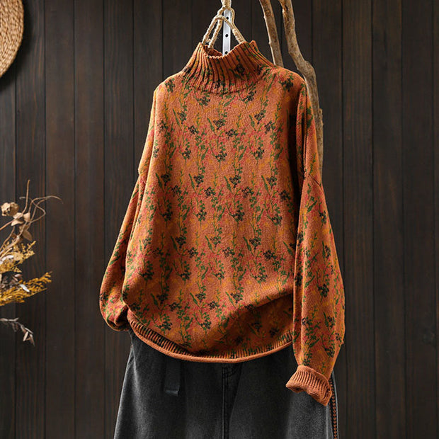 Buddha Stones Knitted Plant Pattern Long Sleeve Mock Neck Women's Cotton Sweater - DarkOrange - US4-6，UK/AU8-19，EU36-38(F) - image 2