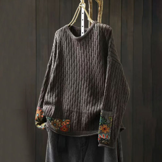 Buddha Stones Winter Patchwork Design Long Sleeve Crew Neck Women's Cotton Sweater - DimGray - US4-12，UK/AU8-18，EU36-46(F) - image 11