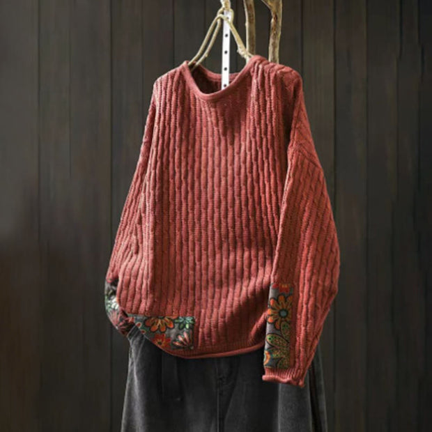 Buddha Stones Winter Patchwork Design Long Sleeve Crew Neck Women's Cotton Sweater - Tomato - US4-12，UK/AU8-18，EU36-46(F) - image 9