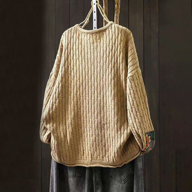 Buddha Stones Winter Patchwork Design Long Sleeve Crew Neck Women's Cotton Sweater - image 2