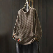 Buddha Stones Winter Patchwork Design Long Sleeve Crew Neck Women's Cotton Sweater - Tan - US4-12，UK/AU8-18，EU36-46(F) - image 12