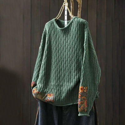 Buddha Stones Winter Patchwork Design Long Sleeve Crew Neck Women's Cotton Sweater - SeaGreen - US4-12，UK/AU8-18，EU36-46(F) - image 0