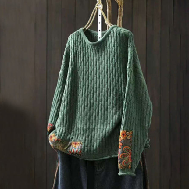 Buddha Stones Winter Patchwork Design Long Sleeve Crew Neck Women's Cotton Sweater - SeaGreen - US4-12，UK/AU8-18，EU36-46(F) - image 0