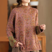 Buddha Stones Fall Printing Floral Long Sleeve Mock Neck Women's Knitted Cotton Sweater - SandyBrown - US4-12，UK/AU8-18，EU36-46(F) - image 0