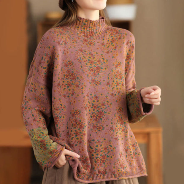 Buddha Stones Fall Printing Floral Long Sleeve Mock Neck Women's Knitted Cotton Sweater - SandyBrown - US4-12，UK/AU8-18，EU36-46(F) - image 0