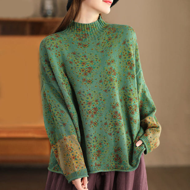 Buddha Stones Fall Printing Floral Long Sleeve Mock Neck Women's Knitted Cotton Sweater - image 17