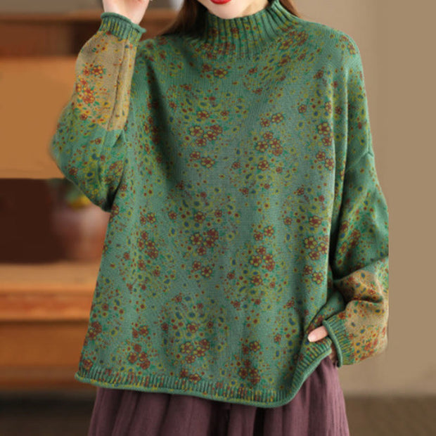 Buddha Stones Fall Printing Floral Long Sleeve Mock Neck Women's Knitted Cotton Sweater - SeaGreen - US4-12，UK/AU8-18，EU36-46(F) - image 15