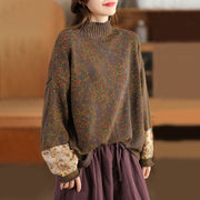 Buddha Stones Fall Printing Floral Long Sleeve Mock Neck Women's Knitted Cotton Sweater - SaddleBrown - US4-12，UK/AU8-18，EU36-46(F) - image 18