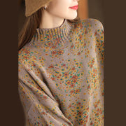 Buddha Stones Fall Printing Floral Long Sleeve Mock Neck Women's Knitted Cotton Sweater - image 14