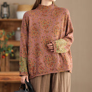 Buddha Stones Fall Printing Floral Long Sleeve Mock Neck Women's Knitted Cotton Sweater - image 1