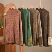 Buddha Stones Fall Printing Floral Long Sleeve Mock Neck Women's Knitted Cotton Sweater - image 20