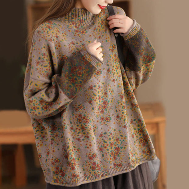 Buddha Stones Fall Printing Floral Long Sleeve Mock Neck Women's Knitted Cotton Sweater - BurlyWood - US4-12，UK/AU8-18，EU36-46(F) - image 10