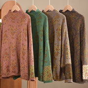 Buddha Stones Fall Printing Floral Long Sleeve Mock Neck Women's Knitted Cotton Sweater - image 19