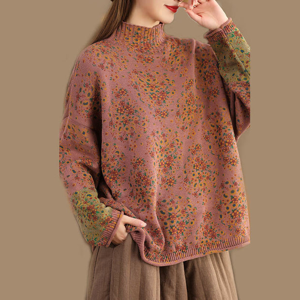 Buddha Stones Fall Printing Floral Long Sleeve Mock Neck Women's Knitted Cotton Sweater - image 2