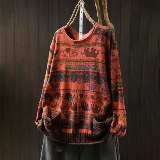 Buddha Stones Fall Elephant Pattern Knitted Cotton Women's Long Sleeve Sweater With Pockets - image 24