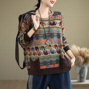 Buddha Stones Fall Elephant Pattern Knitted Cotton Women's Long Sleeve Sweater With Pockets - Tan - US4-6，UK/AU8-19，EU36-38(F) - image 1