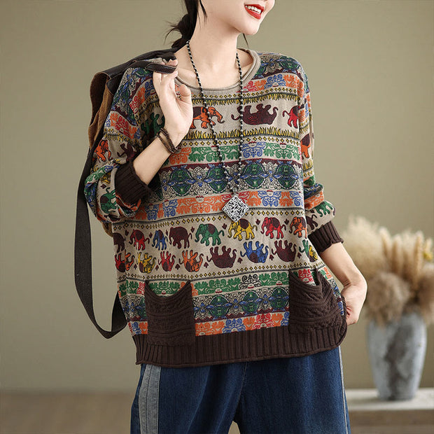 Buddha Stones Fall Elephant Pattern Knitted Cotton Women's Long Sleeve Sweater With Pockets - Tan - US4-6，UK/AU8-19，EU36-38(F) - image 1
